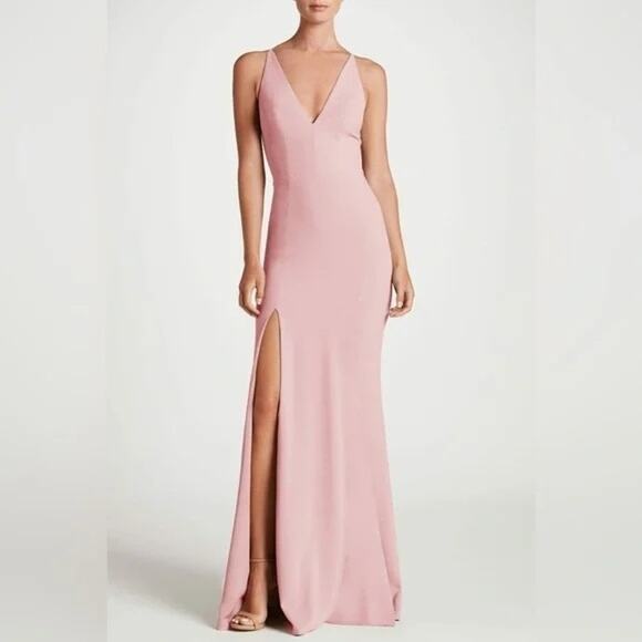 NWOT DRESS THE POPULATION $198 Sandra Blush High Slit V Neck Gown Size S - Picture 2 of 7